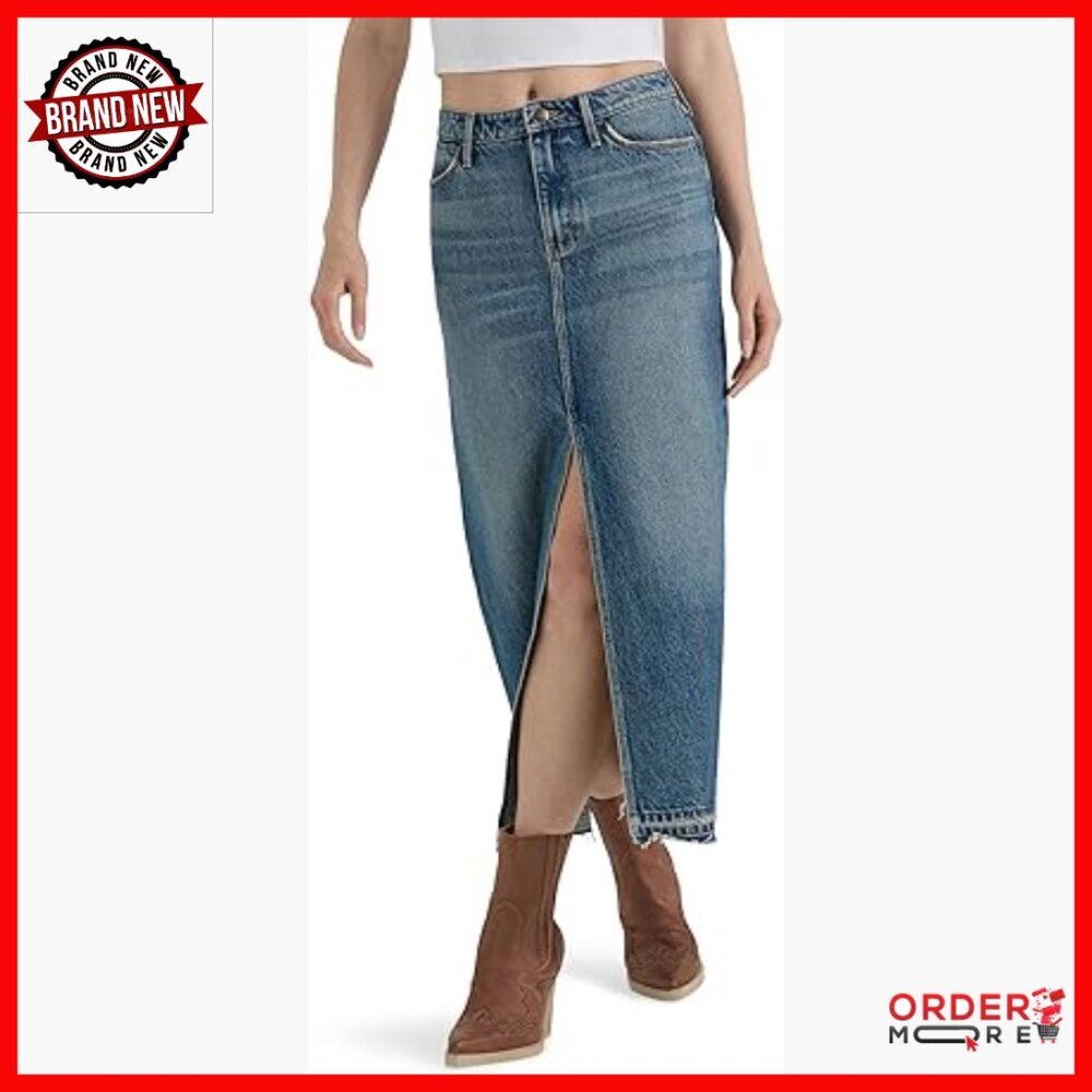 High Rise Denim Maxi Skirt with Front Split, 5 Pockets, 100% Cotton